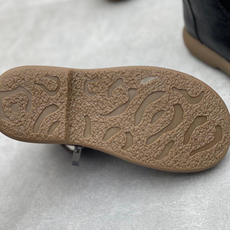 Johnature Genuine Leather Cotton Boots Handmade Retro Flat Round Toe Soft Cowhide Wool Women's Short Boots