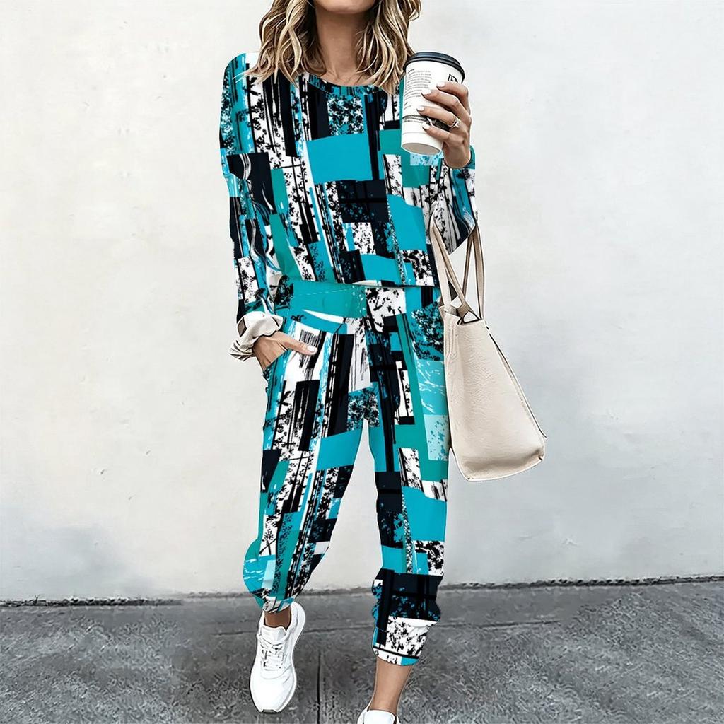 Ladies Long Sleeve Round Neck Blouse And Straight Leg Long Pants Two Piece Soft Daily Wear Set