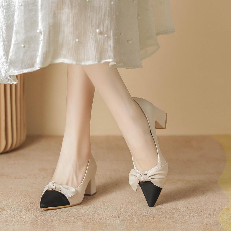 High Heels Women's Spring New Light Mouth Thick Heel Bow Single Shoes Women's Work Shoes Women