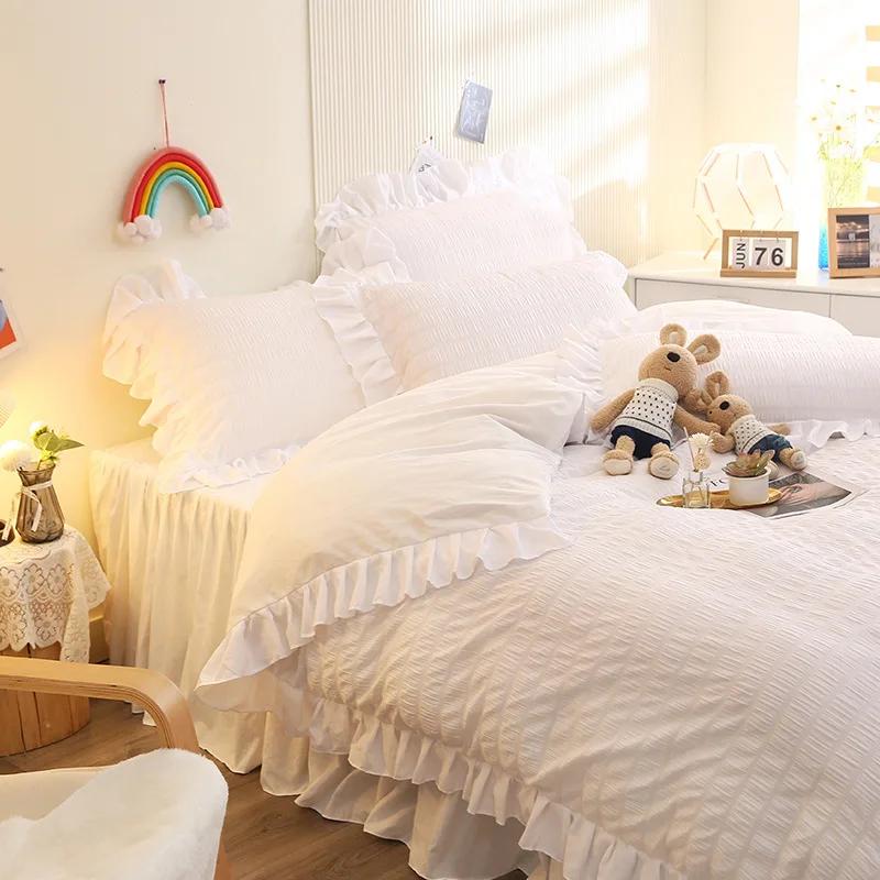 

French Style Foam Bedding Sets with Lace Solid Color Romantic Summer Soft Comforter Set Twin Full Queen King Size Bed Linens 1.2m 3pcs set білий