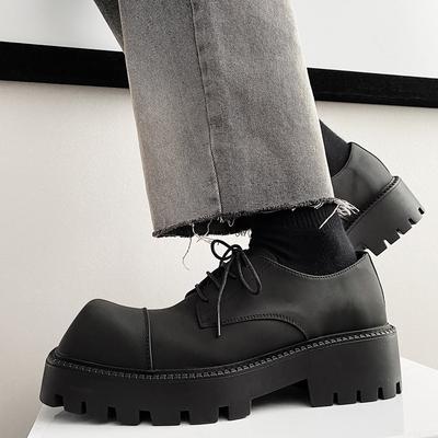 Pánské kožené boty na silné podrážce se čtvercovou špičkou, 3,5 cm platforma, šněrovací, letní ležérní boty, robustní podpatek, černé pánské boty zvyšující výšku