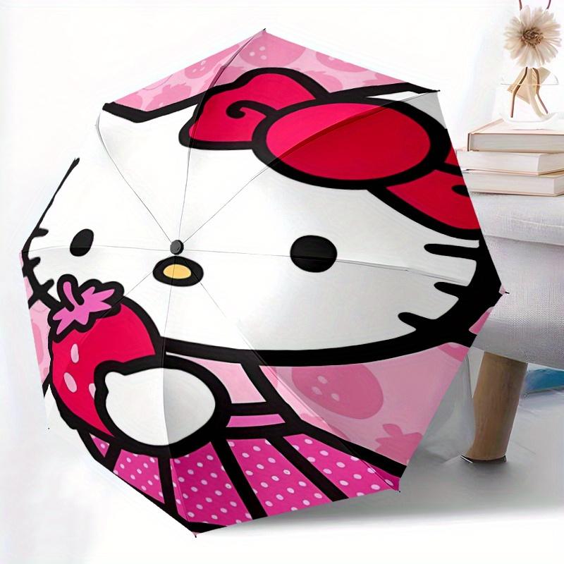 Strawberries and Hello Kitty Automatic Opening and Closing Umbrella, Lightweight 3-Fold, With Cute Cartoon Characters, Suitable for Home, Outdoor and