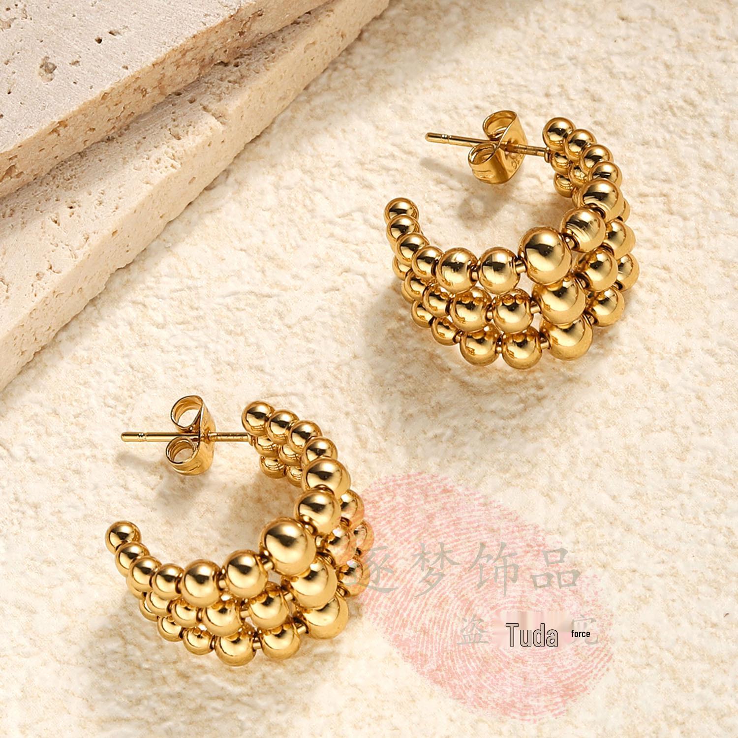 Exquisite Gold Beaded Three-Row Luxury Earrings - Titanium Steel European American Design