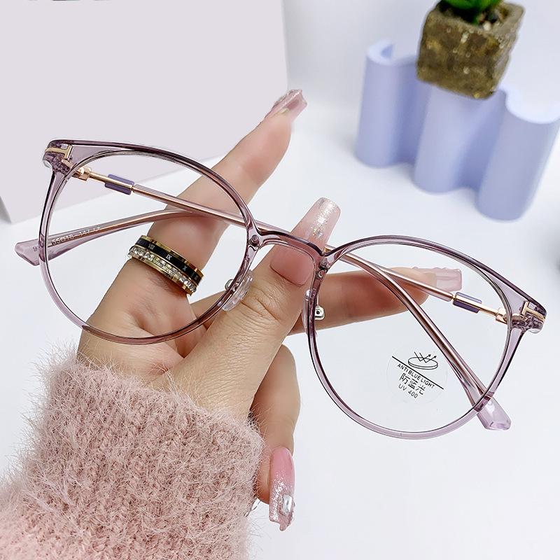 Korean Style Anti-Blue Light Round Frame Glasses for Women - Non-Prescription, Compatible with Myopia Lenses