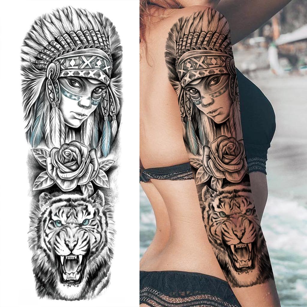 1 Sheet Long Sleeve Temporary Tattoos For Men Women Flower Skull Lion Wolf Tiger Nun Fox Compass Tattoo Sticker Body Art Arm Leg