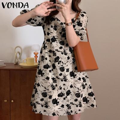 Summer Women's Short Puff Sleeve Square Collar Floral Printed Mini Dress