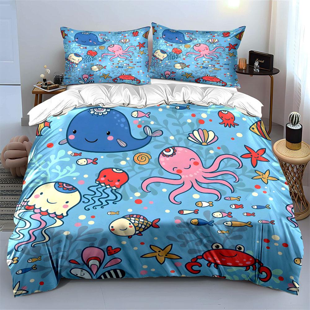 Cute Ocean Animals Pattern Bedding Duvet Cover Set (1*Duvet Cover 2*Pillowcases, without duvet insert)