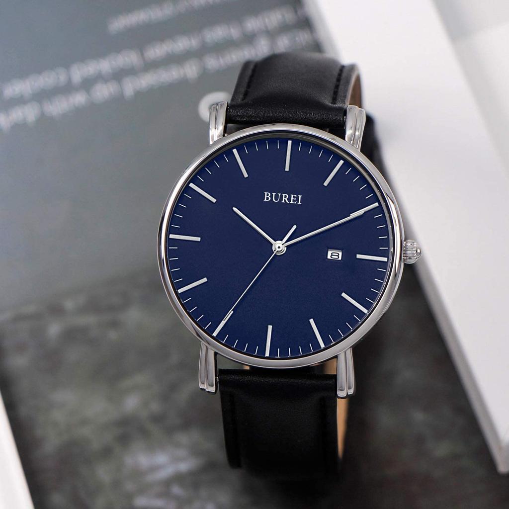 BUREI Men's Leather Waterproof Analog Business Wristwatch Slim Style Date Quartz White Black