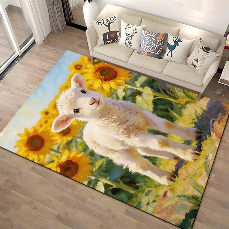 Cute Lamb and Sunflowers Artistic Print Carpet for Living Room Decor Suitable for use as an anti-slip for living room bedroom sofas