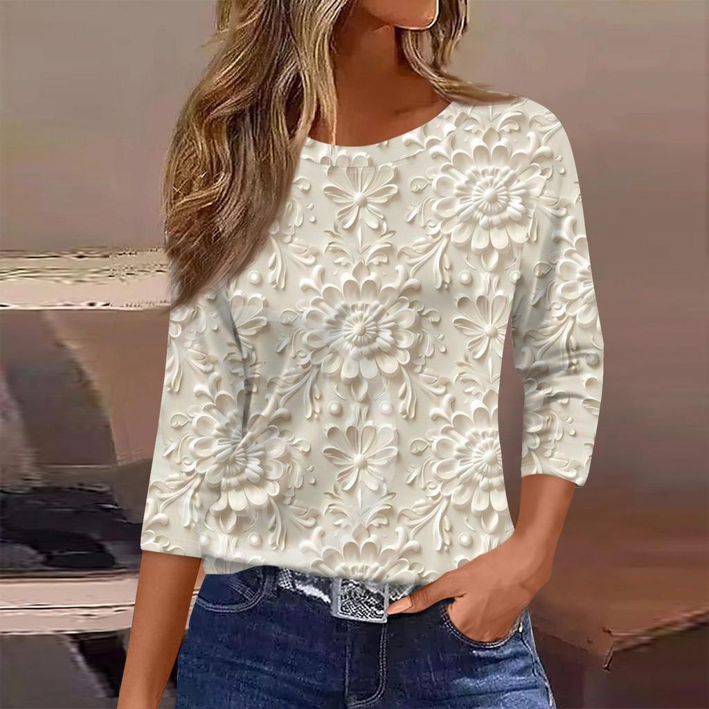 Women's Fashion Casual Round Neck 3/4 Sleeve Loose  Printed T-Shirt Ladies Top