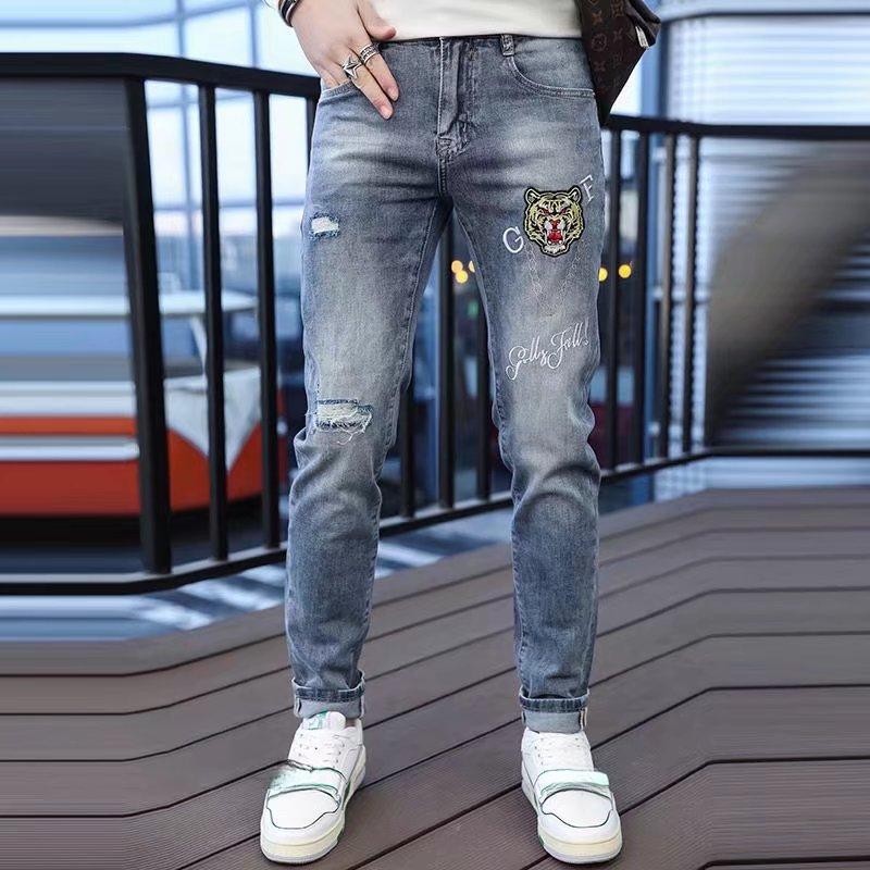 Blugi bărbați cu găuri sparte imprimați bărbați tide nou-nouț Slim picioare mici trend gri casual pantaloni lungi modele de vară