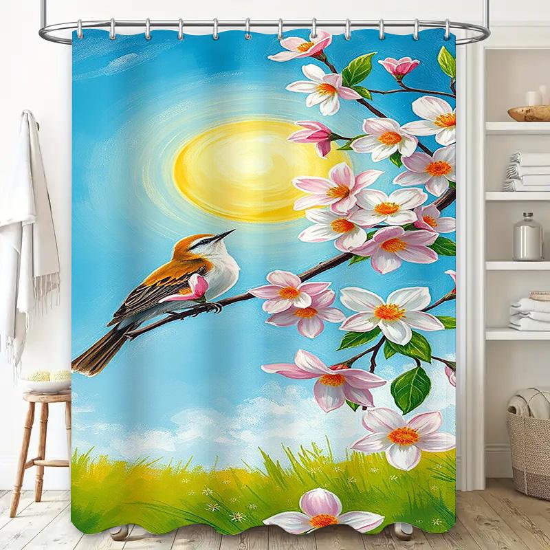 Sunshine and Bird on Cherry Blossom Branch Waterproof Shower Curtain Heat Resistant Machine Washable Non-Transparent 180x180cm 90X180cm(35x70in)