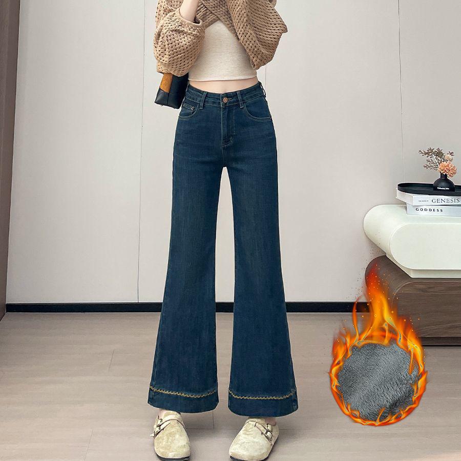 Petite Women s Fleece-Lined High-Waisted Dark Blue Flare Jeans - Winter Embroidered Micro-Flare 3XL