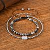 Vnox 2pcs/Set Adjustable Natural Stone Beads Bracelet Set with Stainless Steel Square Box Chain, Men's Casual Jewelry Set Gifts