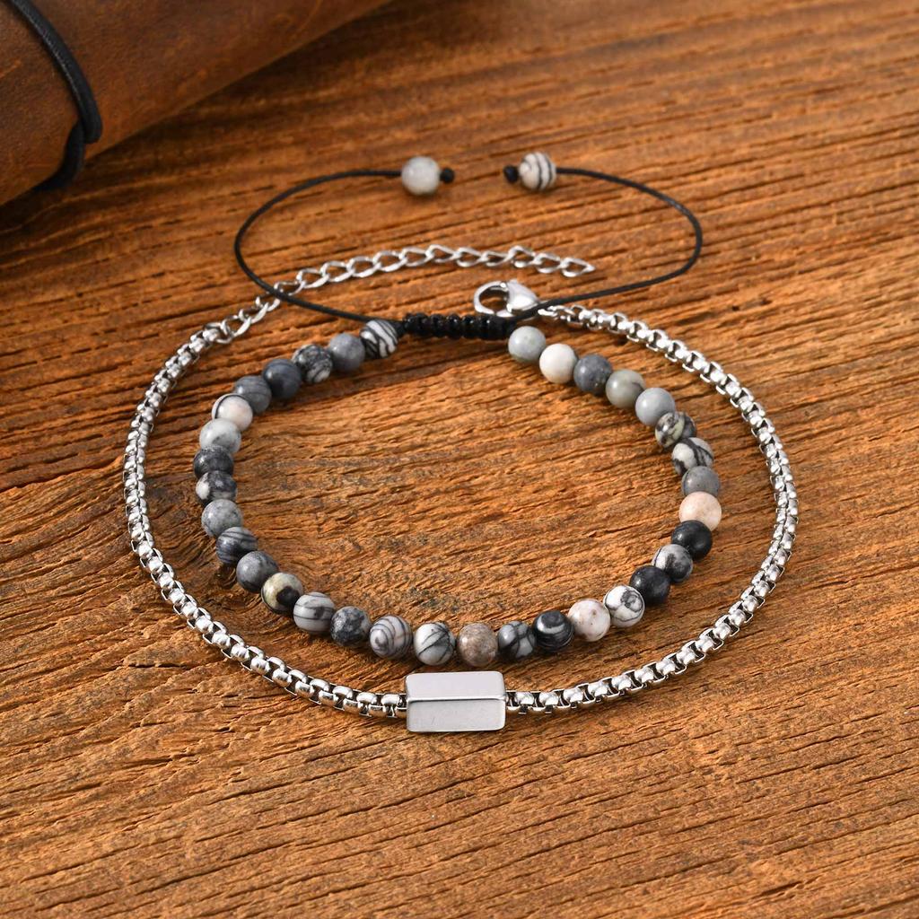 Vnox 2pcs/Set Adjustable Natural Stone Beads Bracelet Set with Stainless Steel Square Box Chain, Men's Casual Jewelry Set Gifts