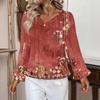Women's Casual Fashion Ruffle V-Neck Pocket Retro Print Long Sleeve Top