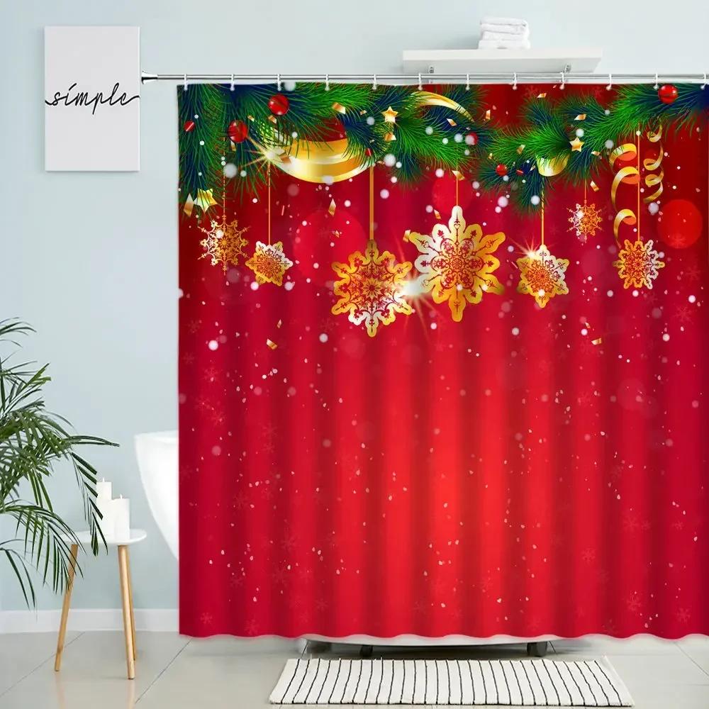 Merry Christmas Shower Curtain Christmas Tree Xmas Ball Red Background Party Bathroom Wall Decor With Hooks Waterproof Screen