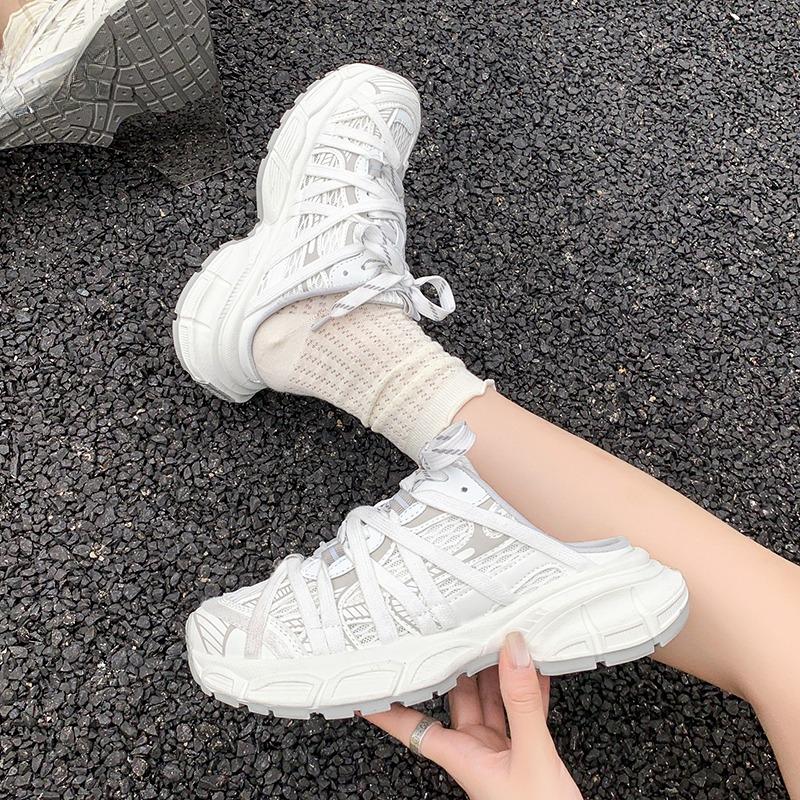 Fashion Baotou Shallow Lace-up Cool Drag Spring and Summer New Round Head Mesh Breathable Platform Casual Sports Shoes