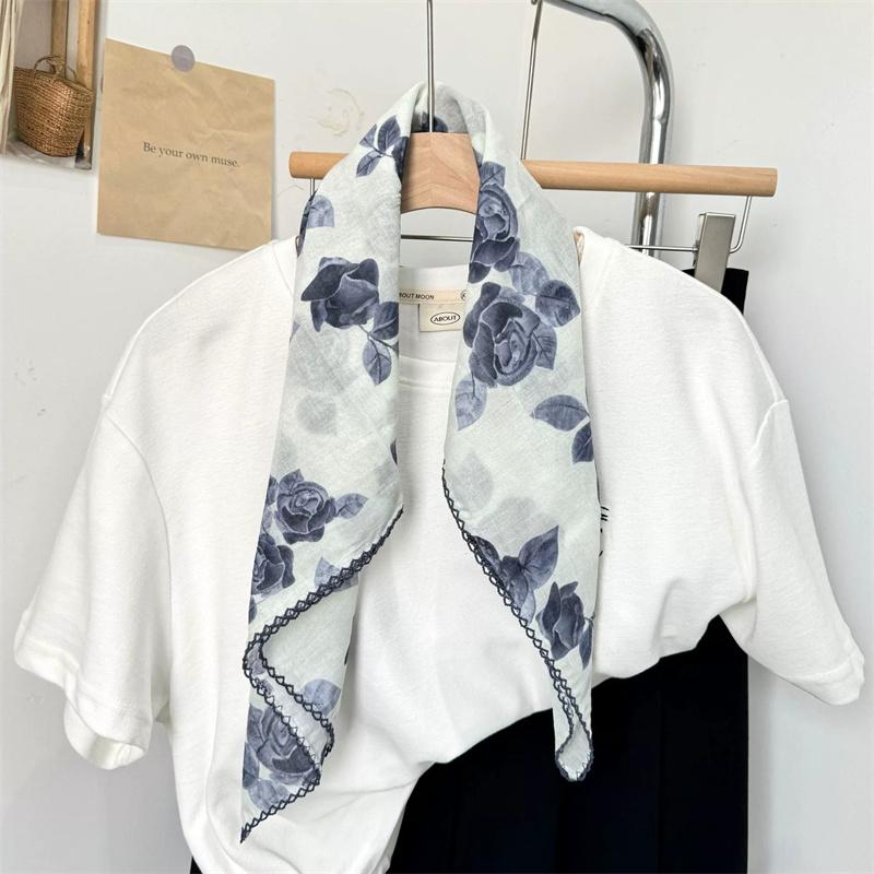 Vintage Square Floral Scarf Small Shawl Headscarf Korean Style Neck Protection Scarf