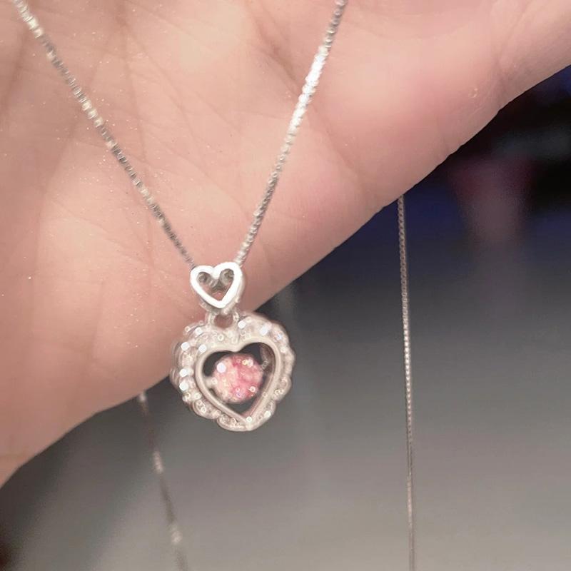 

New 925 Sterling Silver Pink Zircon Love Necklace Charm Woman Pendant Geometric Shape Choker Birthday Gift Exquisite Jewelry платиновый