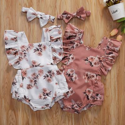 Baby Girls Two-piece Clothes Set, Floral Printed Pattern Square Collar Sleeveless Romper + Headdress, White/ Pink, 0-24 Months