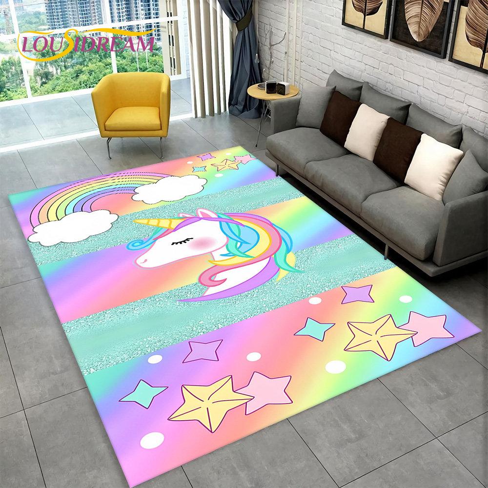 3D Cartoon Eenhoorn Dier Gebied Tapijt, Tapijt Tapijt voor Woonkamer Kinderkamer Bank Deurmat Decor, Kids Paly Antislip Vloermat