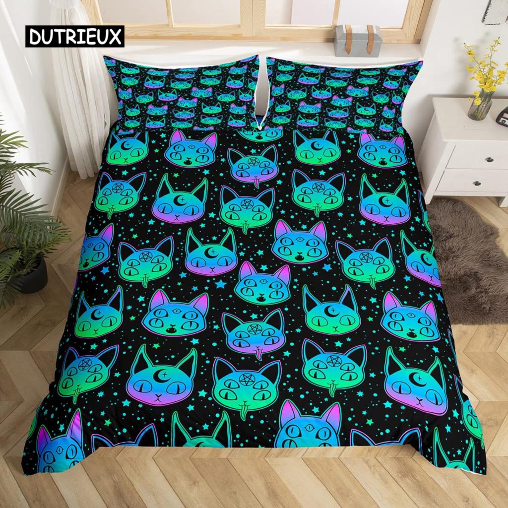 Sada povlečení na peřinu s kreslenou kočkou, sada ložního prádla s kresleným zvířecím potiskem a povlakem na polštář, 2/3dílná přikrývka do ložnice