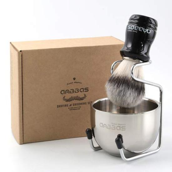 ANBBAS Shaving Brush Badger Hair Stainless Steel Foaming Facial Cleansing Shaving Care 3-Piece Set + Stand, Men's Brush, Gift,