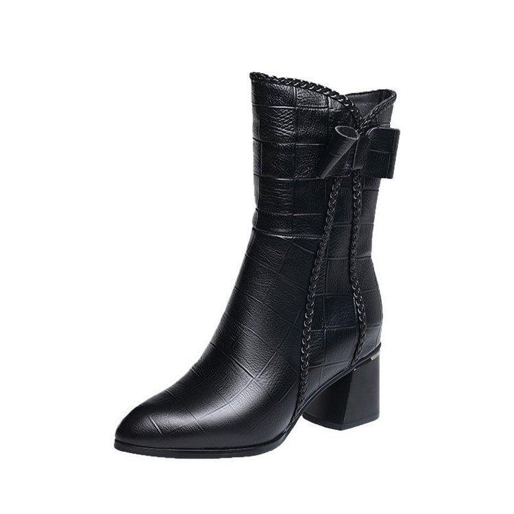 Neue Martin-Stiefel trendige Herbst- und Winter-Samt-Dicke-Ferse Hohe Ferse Mittlerer Schaft Einzelne Stiefel Baumwollstiefel