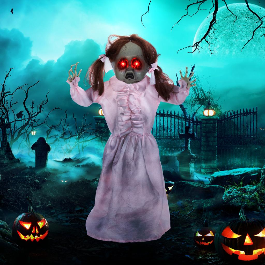 Horror Doll, Halloween Decoration, activated by sound/touch, red eyes, sound, 76 cm
