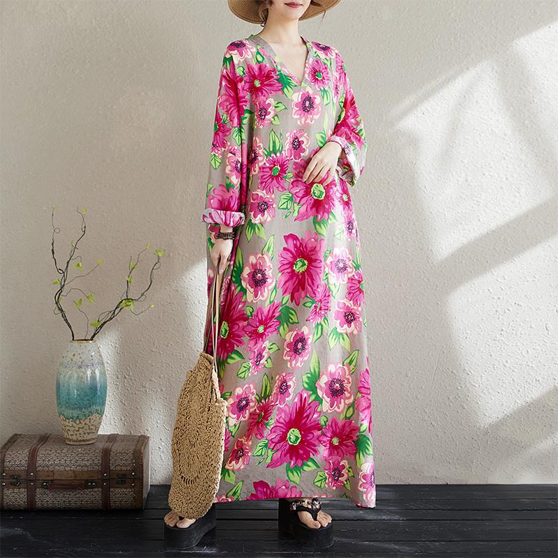 DIMANAF New 2025 Women Plus Size Spring Dress Vintage Floral Loose Basic Elegant Long Dress Cotton Casual