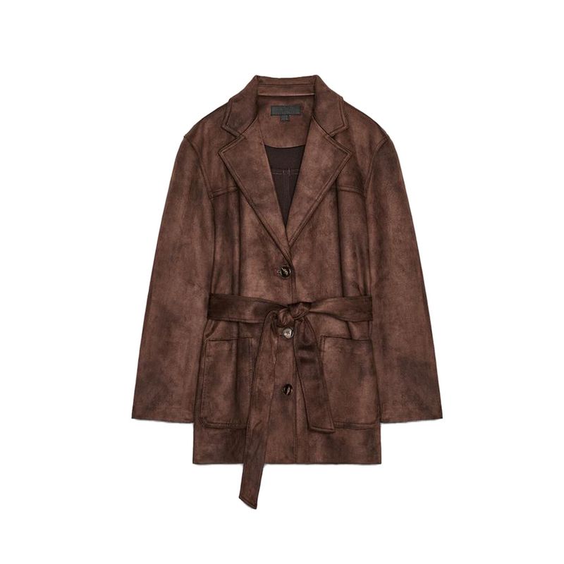 

Осень Новая Женская Одежда Французский Стиль с Поясом Лацканы Длинные Рукава Куртка с Эффектом Замши Верхняя Одежда 4968221 Brown L