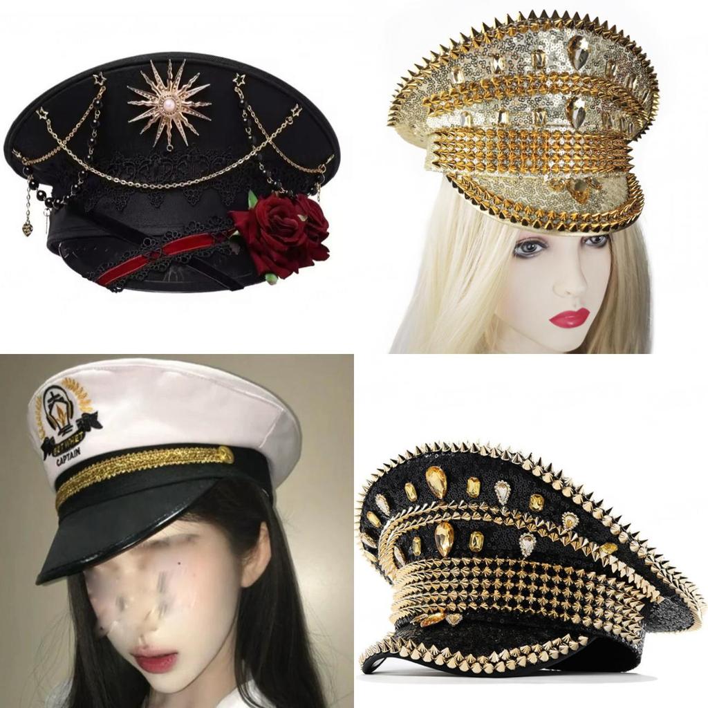 Cappello da Capitano Blu Navy Intarsiato di Strass, a Cilindro Piatto, con Ampia Visiera, per Cosplay e Fotografia
