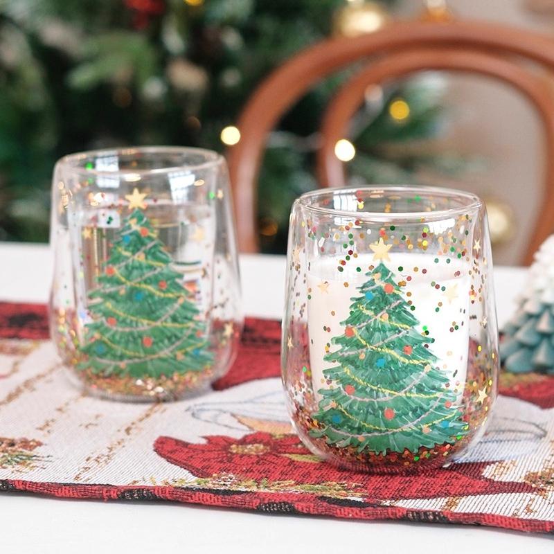 Glass Cup Christmas Double Wall Glass Cup Coffee Milk Mug Transparent Water Bottle Heat-resistant Anti Scald Double-layer Cup
