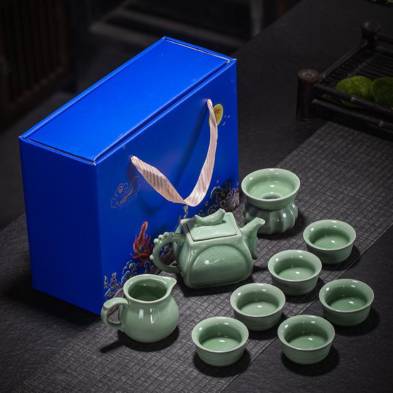 10-Head Ge Kiln Tea Set Kung Fu Ceramic Open Film Dehua Household Complete Teapot Gift Box Teacup Business Gifts