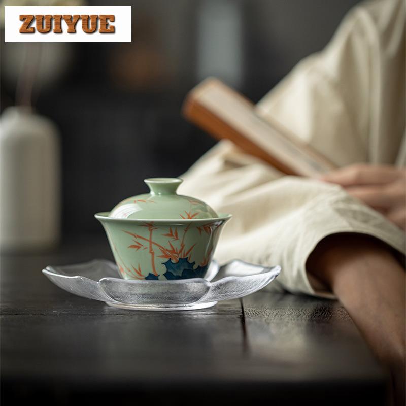 120ml Hand-painted Pink Bamboo Pastel Green Gaiwan Ancient Tea Tureen Tea Bowl With Lid Kit Tea Maker Cover Bowl Tableware Gift