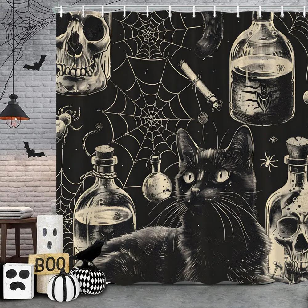 Spooky Horror Halloween Skeleton Crow Shower Curtain Black Bat Black Cat Polyester Fabric Bath Curtain Bathroom Decor With Hoo