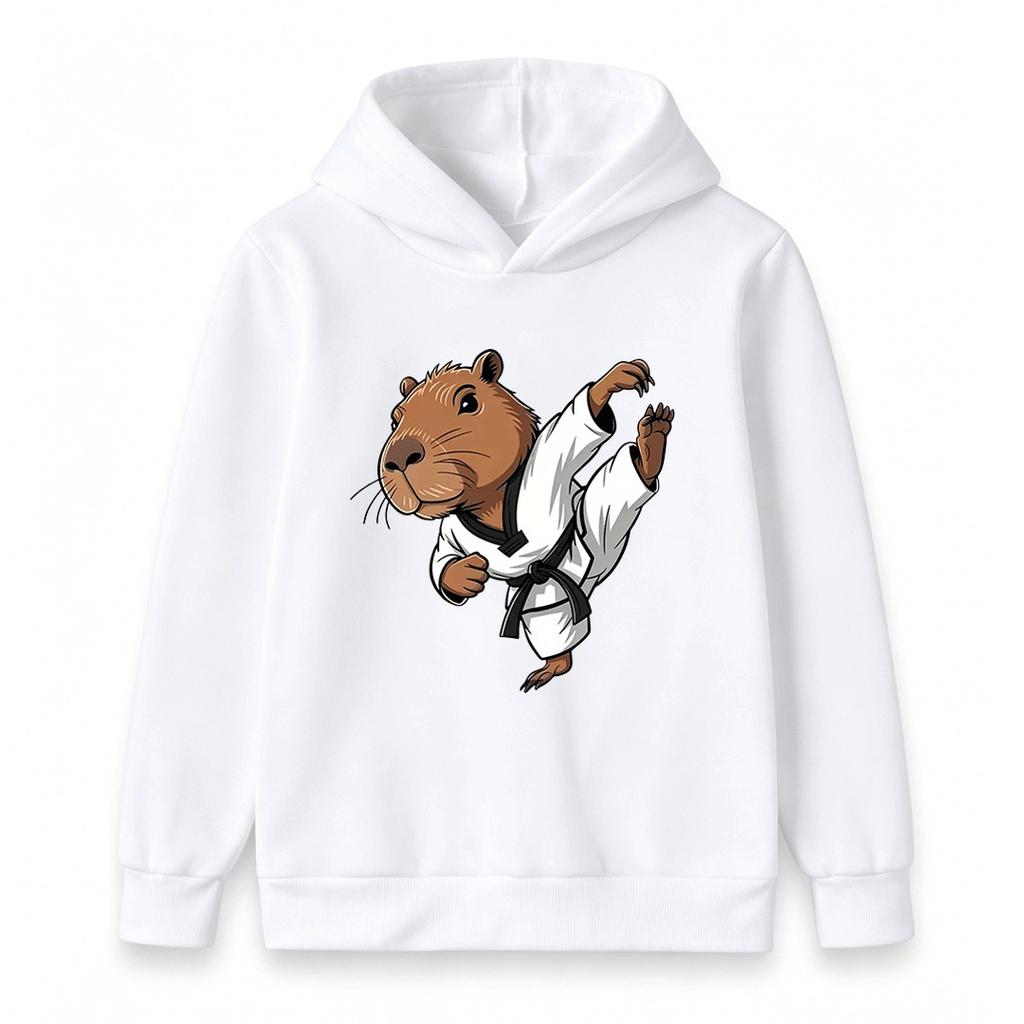 Kids Boys Girls Hoodie, Cute Capybara Taekwondo Karate Print Casual Pullover Sweatshirt for Children Daily Wear
