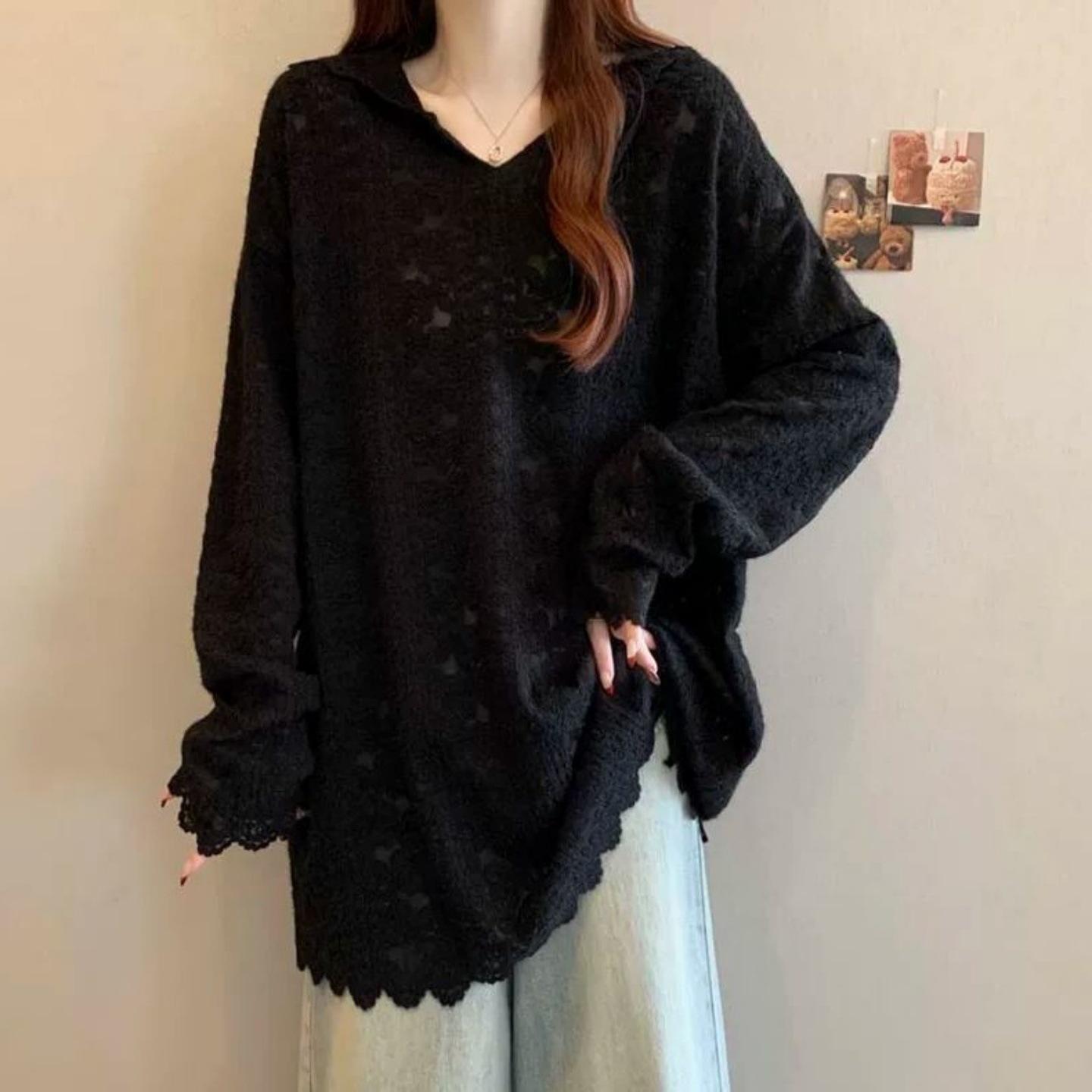 Elegant Plus Size Lace Patchwork Hooded Shirt - Slimming Long Sleeve Base Layer L (suggested 120-150 jin)