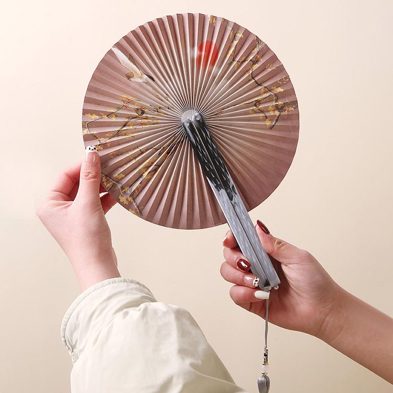 Folding Paper Fan With Traditional Floral Pattern Vintage Round Hand Held Paper Fan Group Fan Antique Chinese Style Fan Home