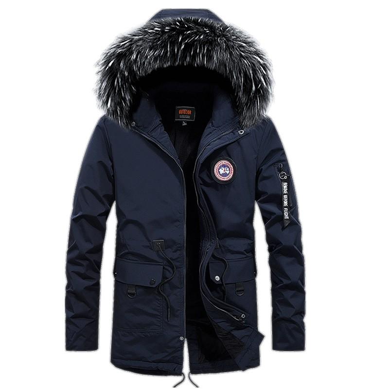 Mens Thick Warm Cotton Puffer Coat Mid-Length With Detachable Faux Fur Collar Casual Winter Outerwear Adults