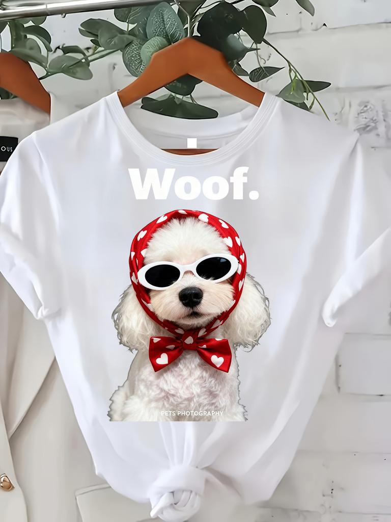 Kawaii Fashion Dog Print Tshirt Cute ShortSleeve White Casual Crew Neck Top Trendy Chic Pup Tee Fashionable Versatile Top