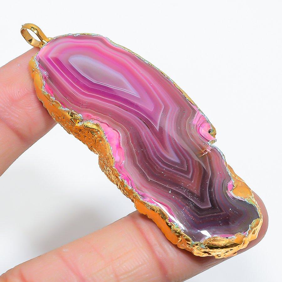 Pink Druzy Slice Gemstone 925 Sterling Silver Jewelry Pendant 2.92" GK-6298