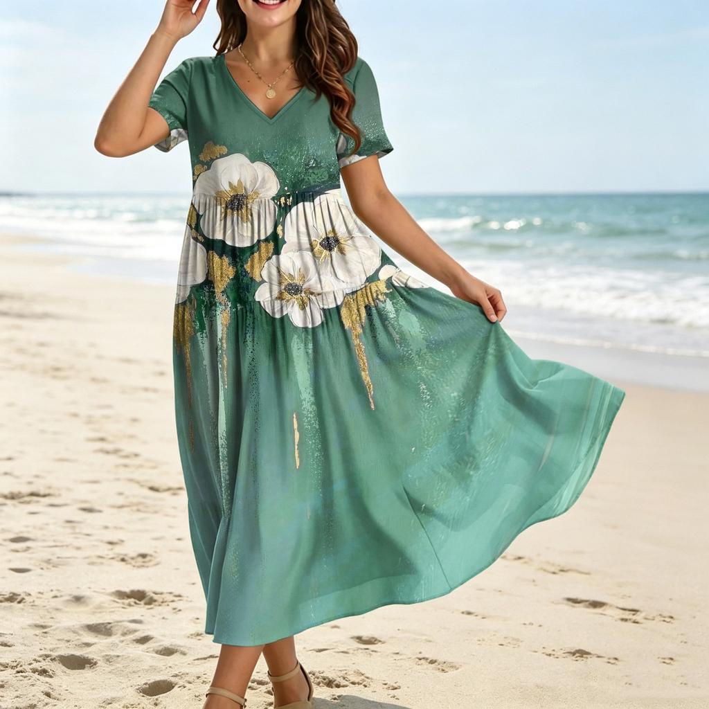 Frauen Casual Lose Bohemian Blumenkleid Kurzarm Lange Maxi Sommer Strand Swing Kleid