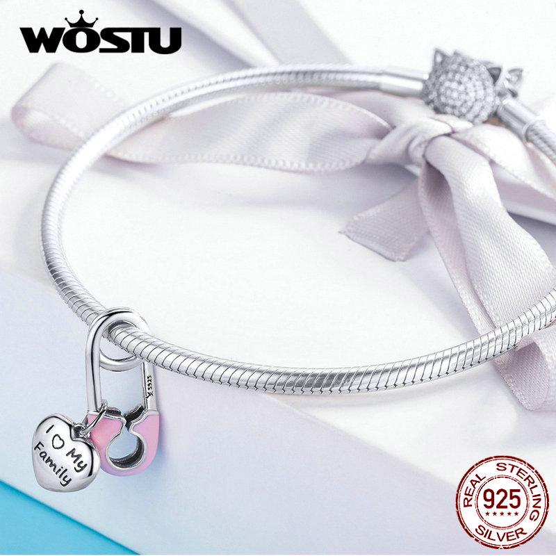 WOSTU Tribute Love My Family baumelnde Charms aus 925er-Sterlingsilber mit Clip-Pin-Perlen, passend für Original-Armbänder