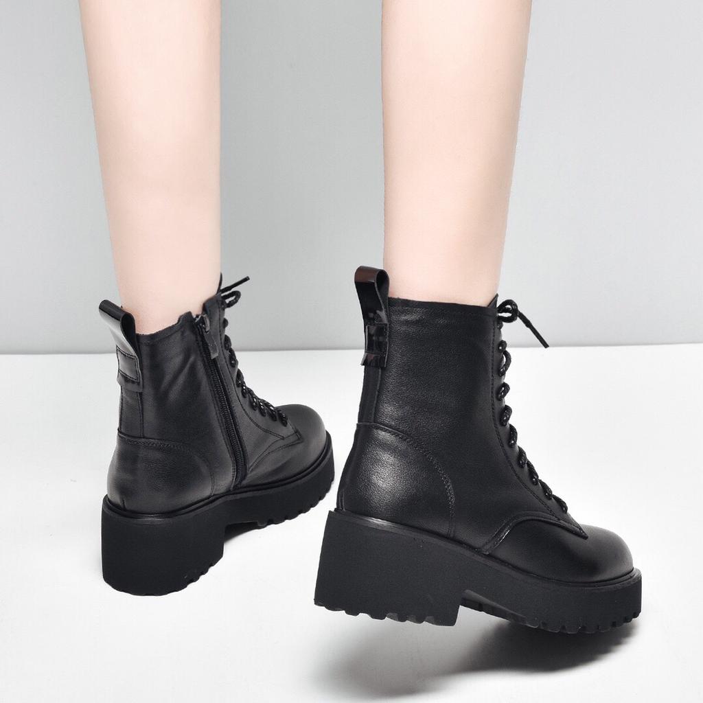 Women's boots 2025 winter new British style platform leather boots black first layer cowhide lace-up short boots casual muffin boots