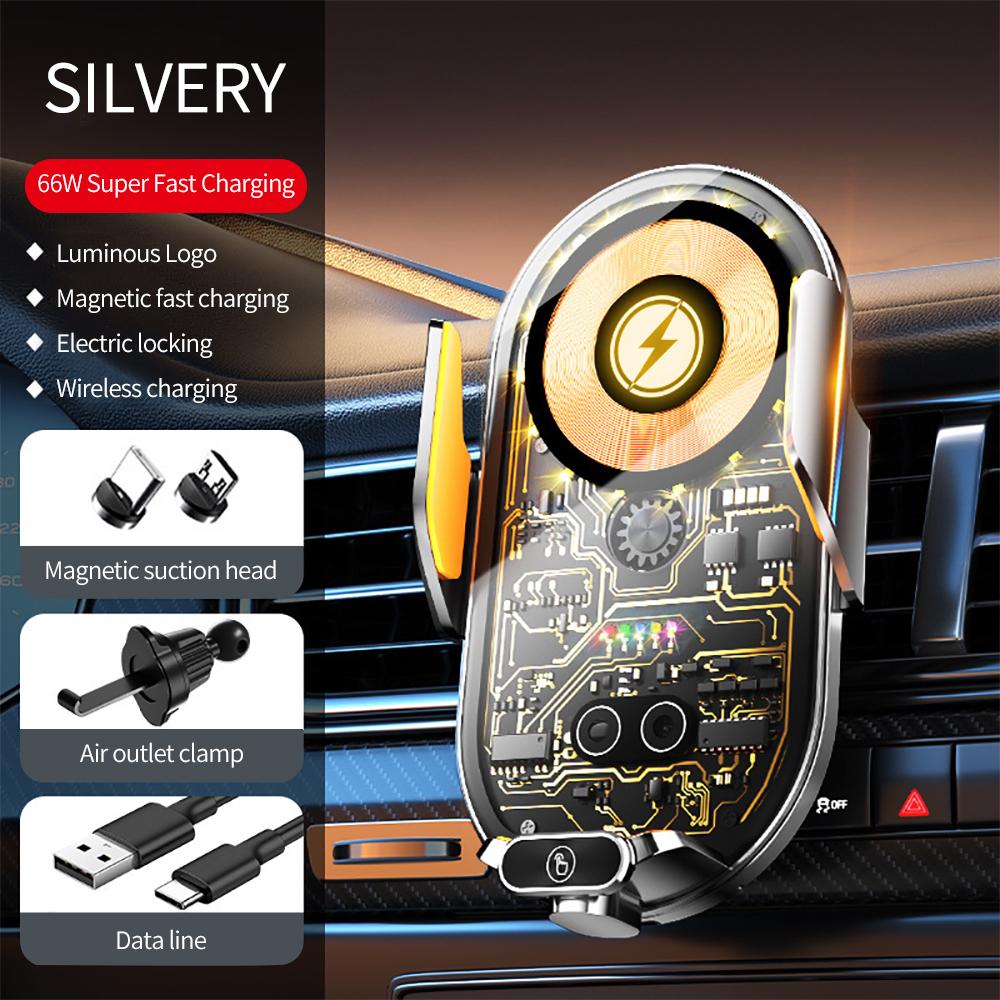 

66 Вт Автомобильное беспроводное зарядное устройство Автоматический автомобильный держатель для телефона Подставка для iPhone 14 13 12 Xiaomi Samsung Быстрая зарядка серебряный