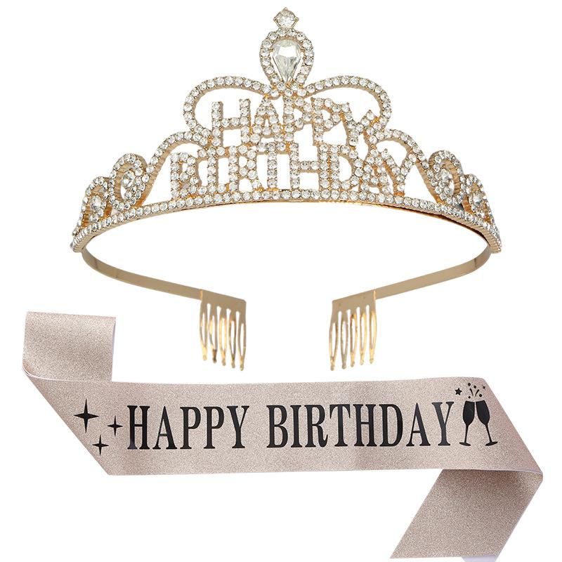 Happy Birthday Party Crown Hair Band Crystal Headwear Hair Accessory Gold Onion Cloth Belt Sash