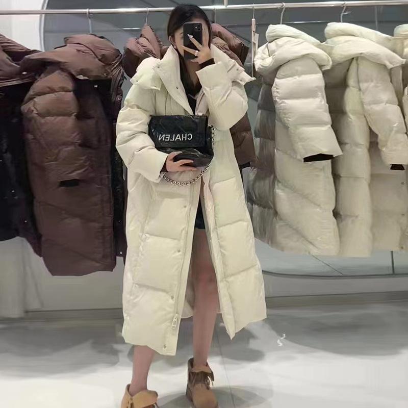 

Extreme cold thickened down jacket women s long 2025 winter fashion hooded over the knee loose warm big quilt jacket tide M