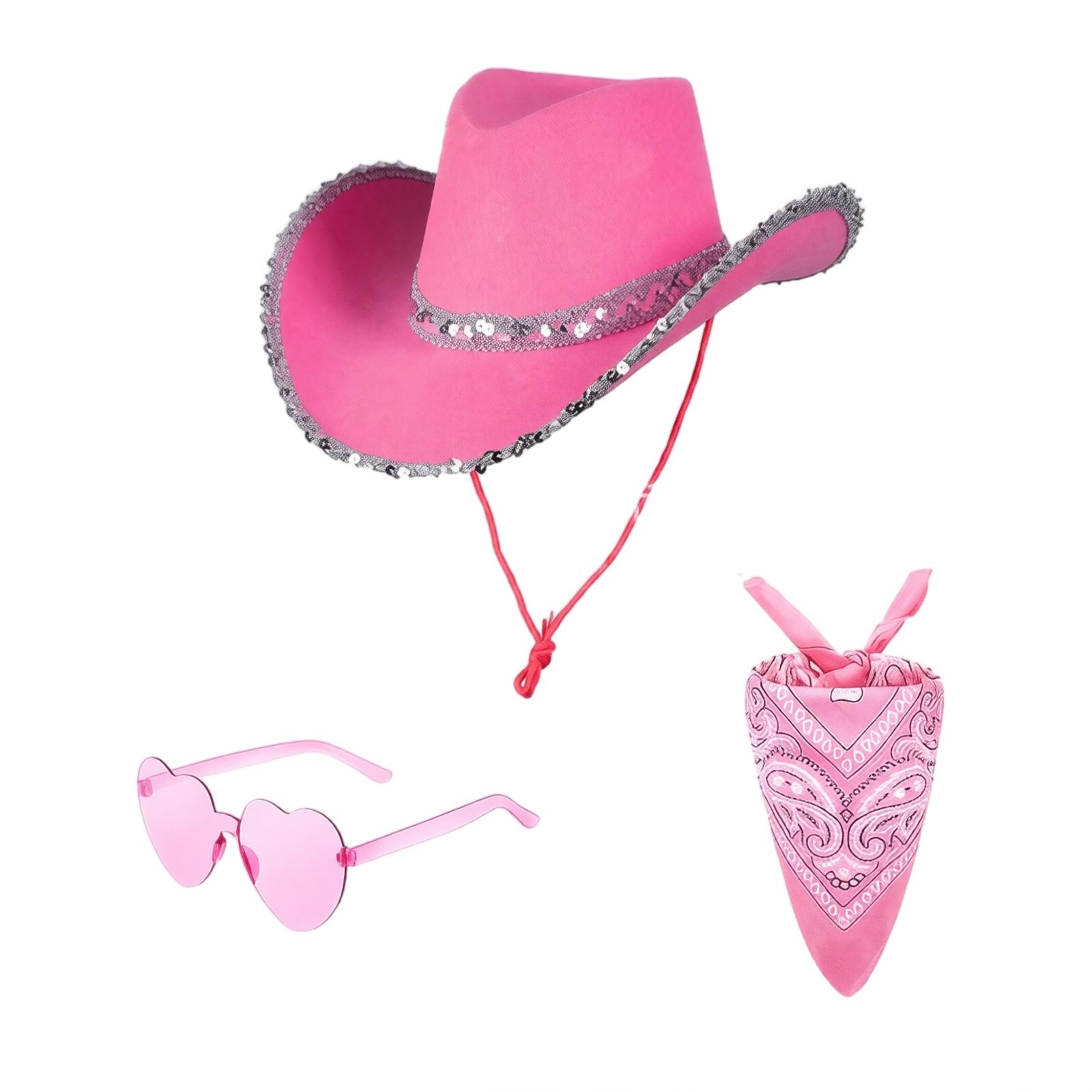 Westernhut für Erwachsene mit aufgerolltem Rand, Bandana und Brillen-Set One Size rosa